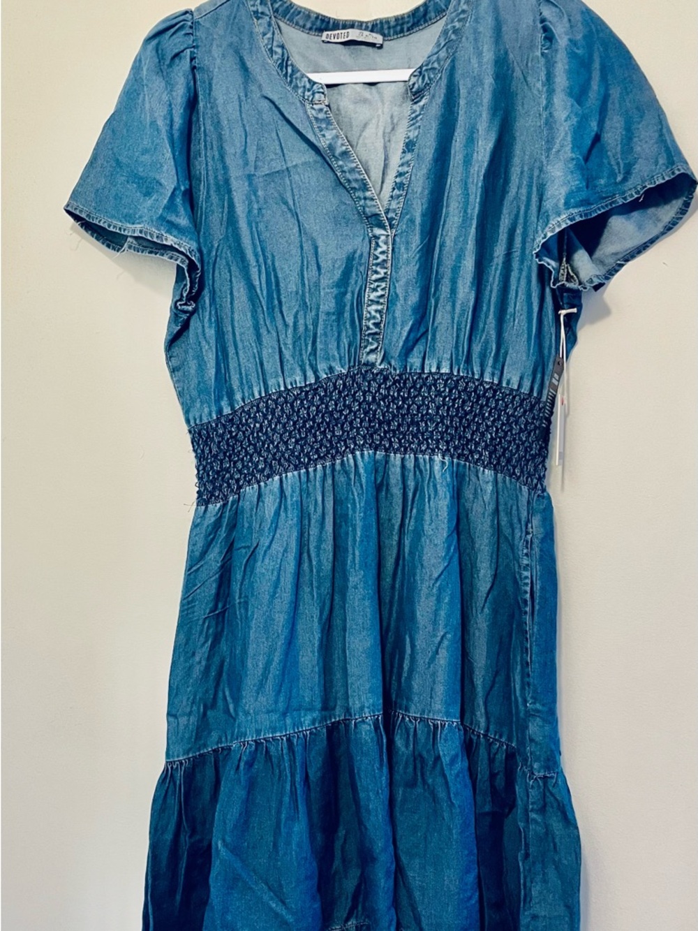 Devoted Blue Denim Midi Dress with Smocked Waist